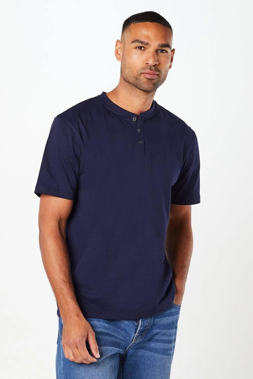 Navy Grandad Neck T-Shirt