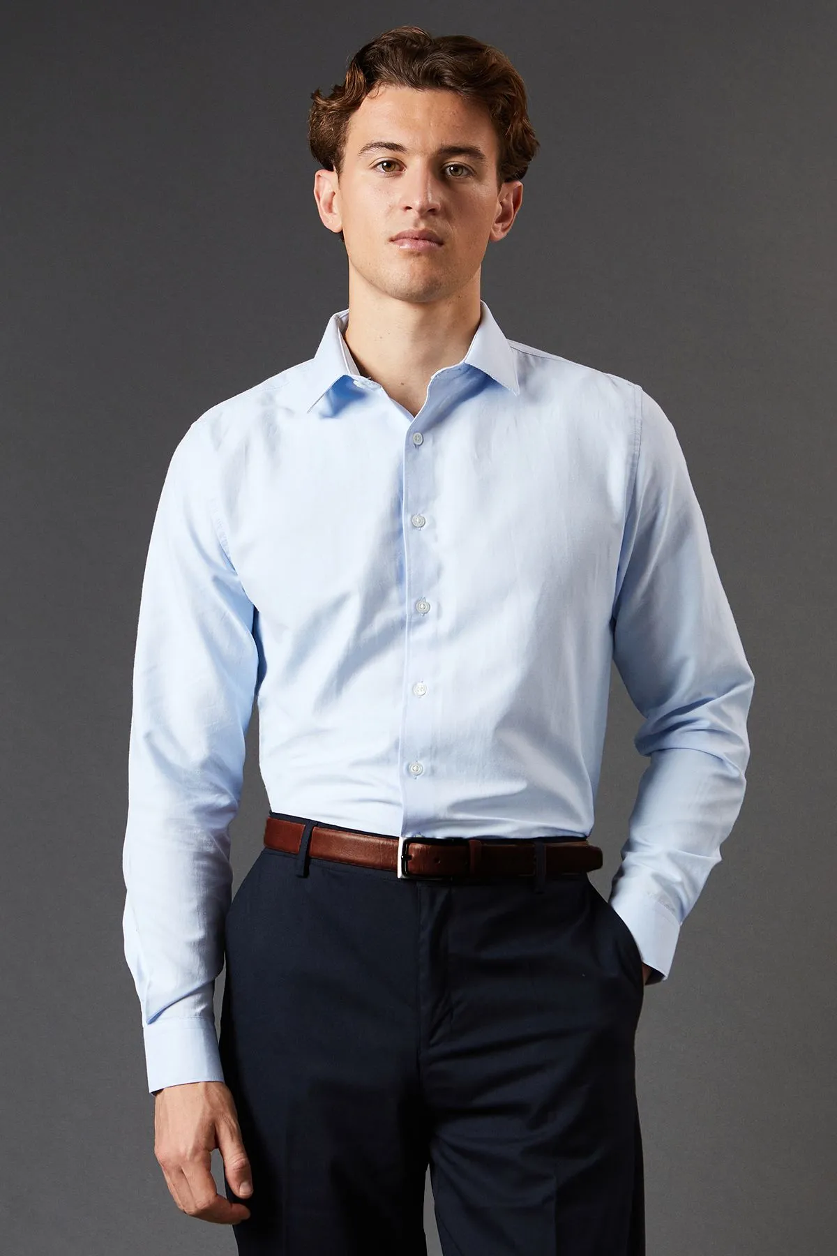 Light Blue Easy Iron Oxford Slim Fit Long Sleeve Shirt