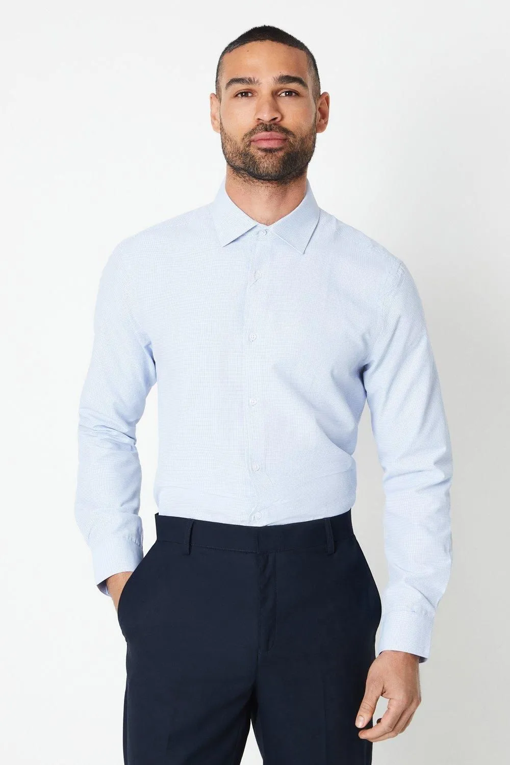 Light Blue Easy Iron Mini Check Slim Fit Long Sleeve Shirt