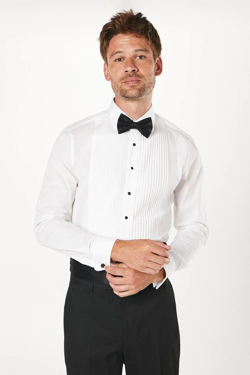 White Pleat Front Slim Fit Long Sleeve Dress Shirt