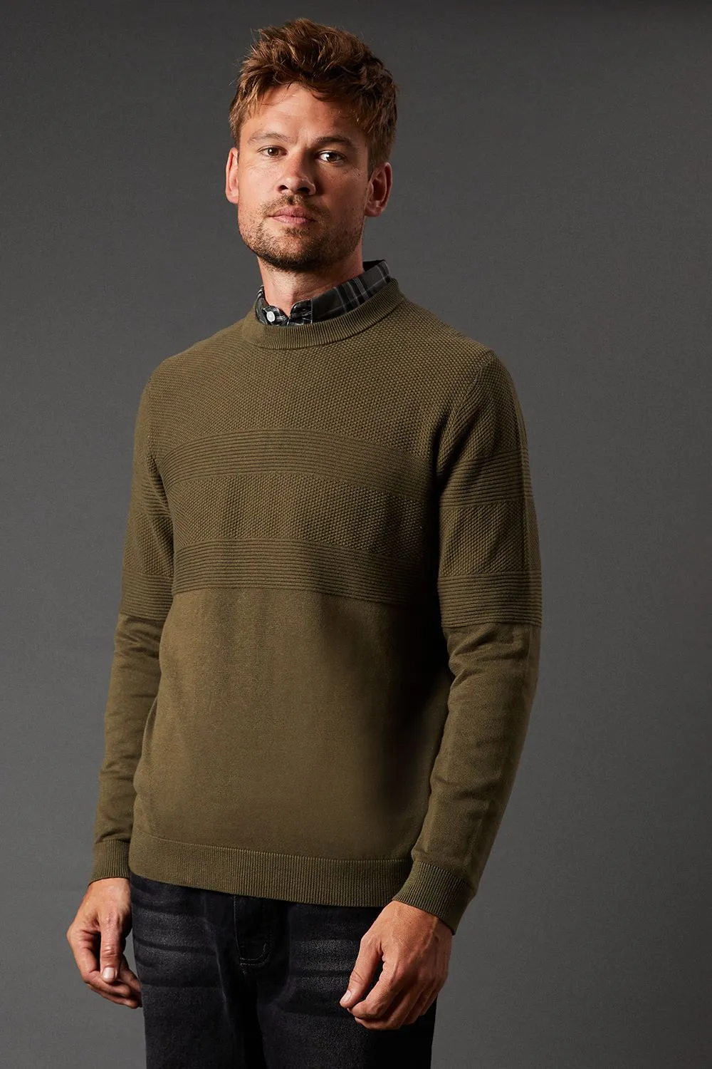 Khaki Placement Stripe Crew Neck Jumper