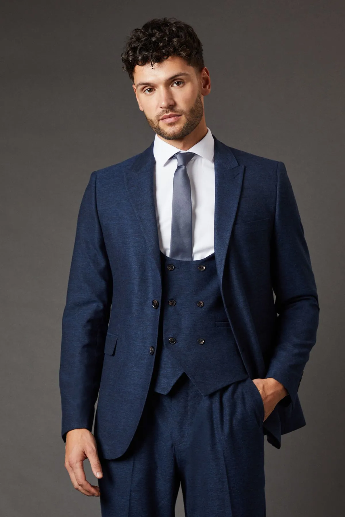Navy Tweed Look Tailored Fit Suit Jacket