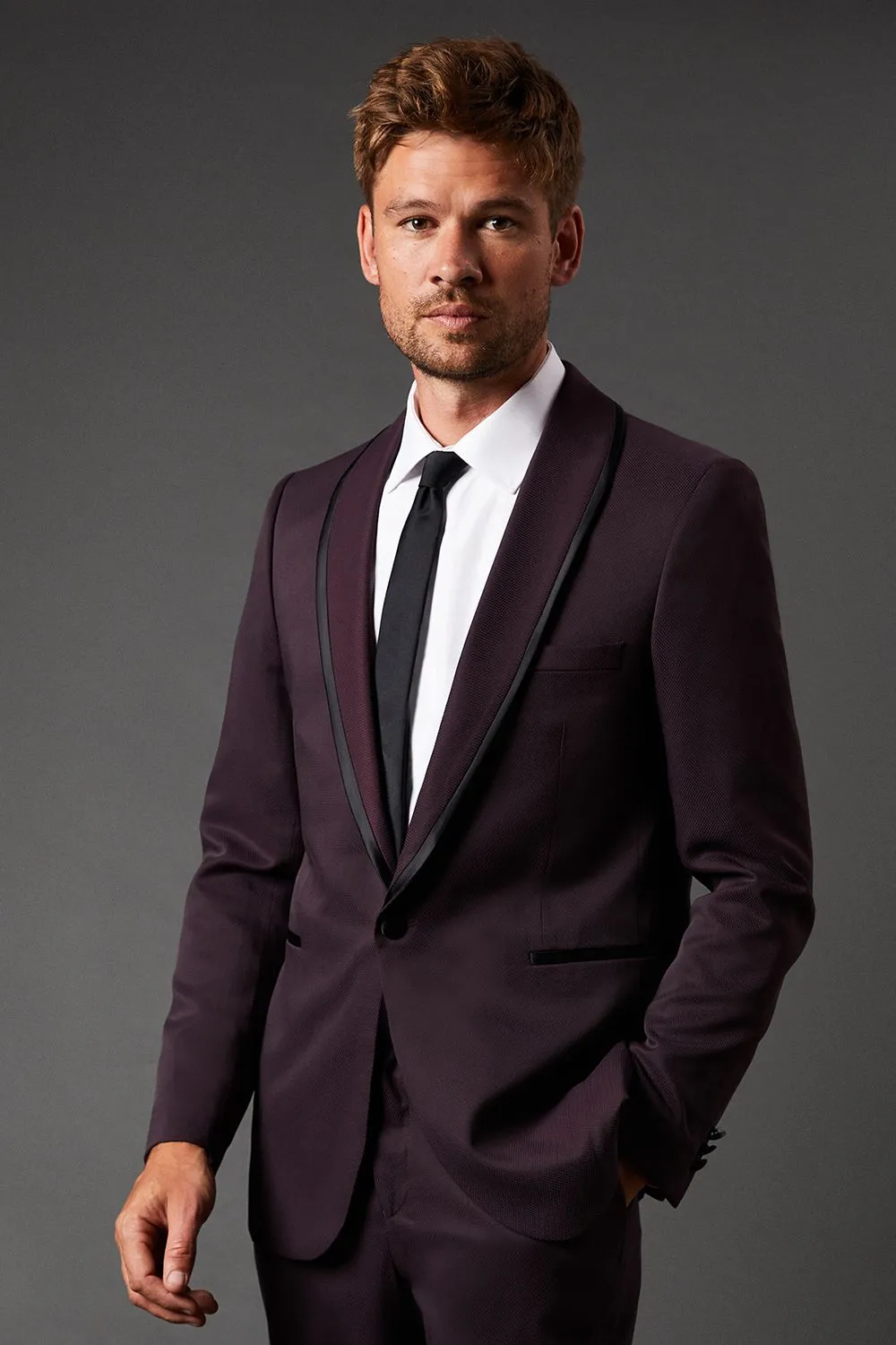 Burgundy Slim Fit Tipped Shawl Collar Tuxedo Jacket