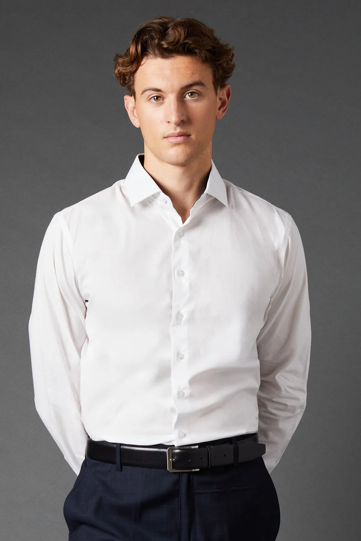 White Cotton Cutaway Collar Slim Fit Long Sleeve Shirt