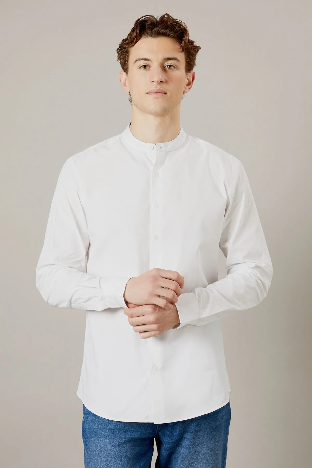 White Premium Cotton Grandad Tailored Fit Long Sleeve Shirt