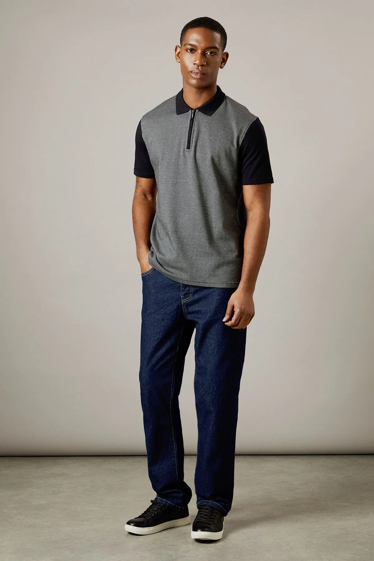 Black Dogtooth Zip Neck Polo Shirt