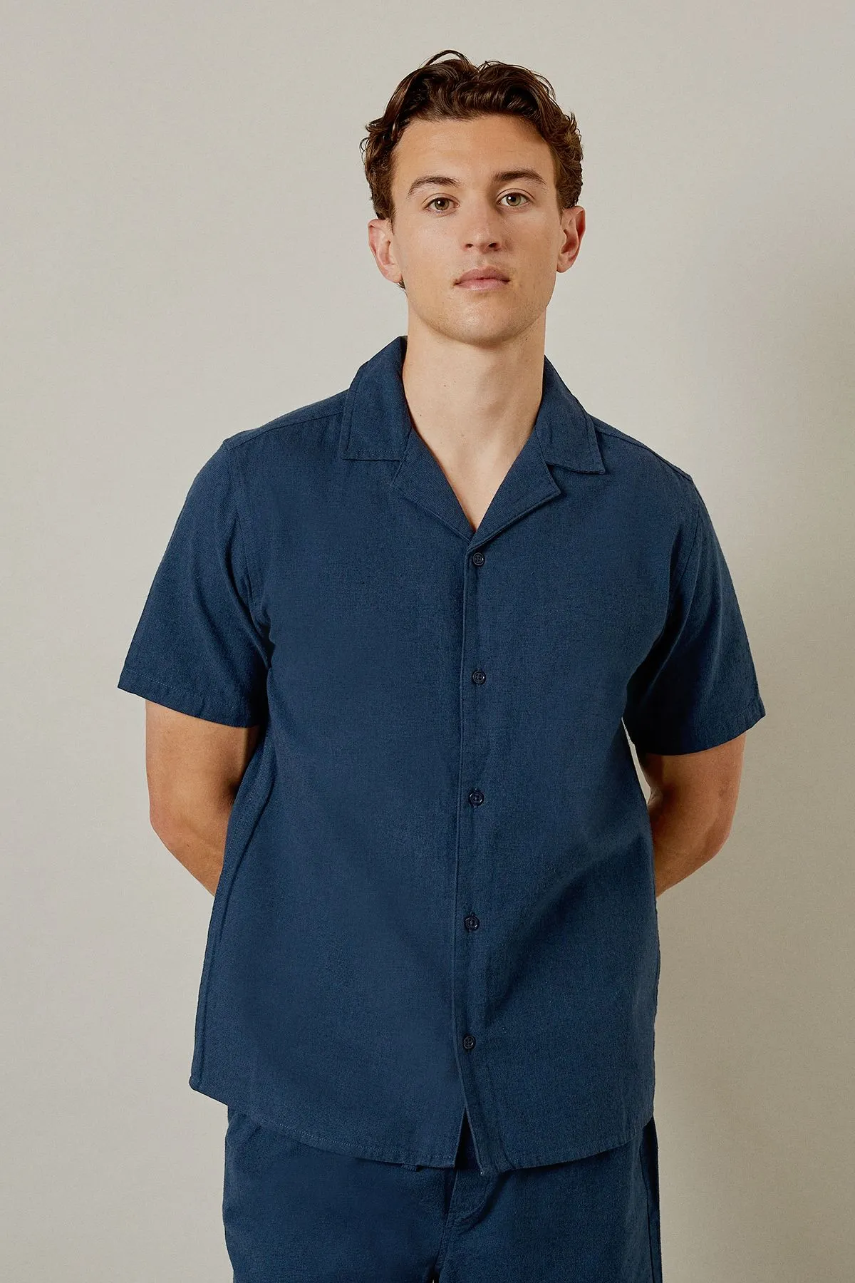Navy Marl Textured Revere Short Sleeve Shirt