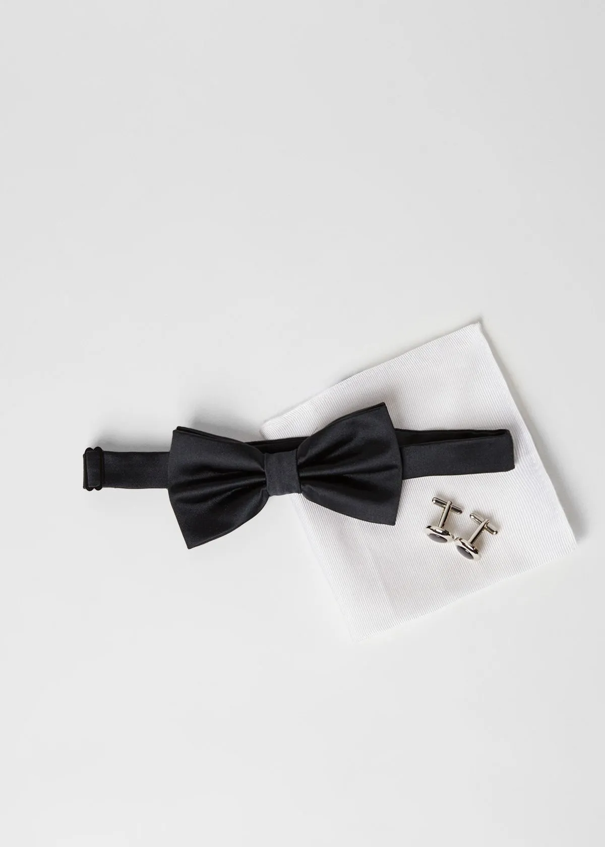 Black Bow Tie, Silk Pocket Square And Cufflink Set