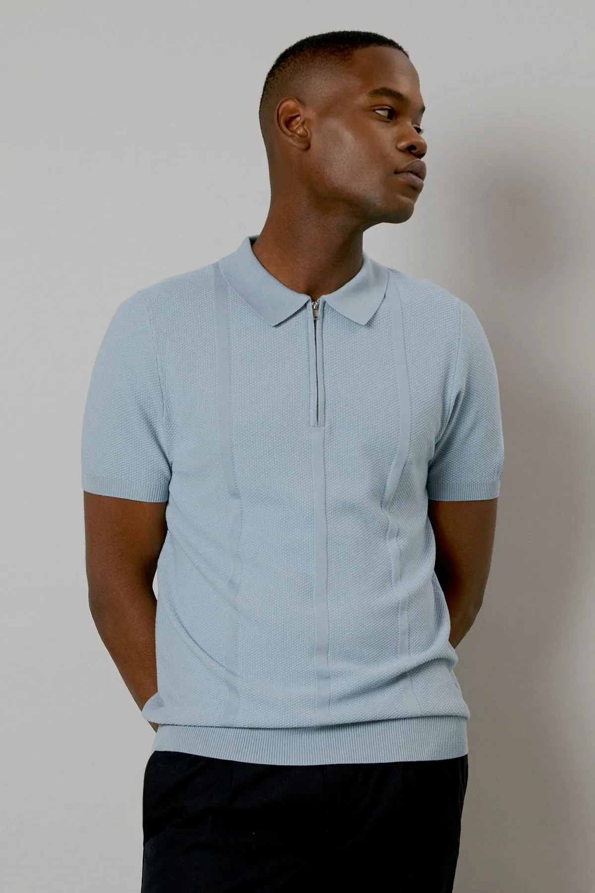 Light Blue Textured Stripe Knitted Polo