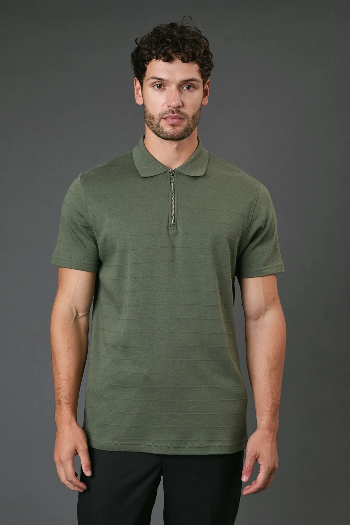 Khaki Textured Stripe Zip Neck Polo Shirt