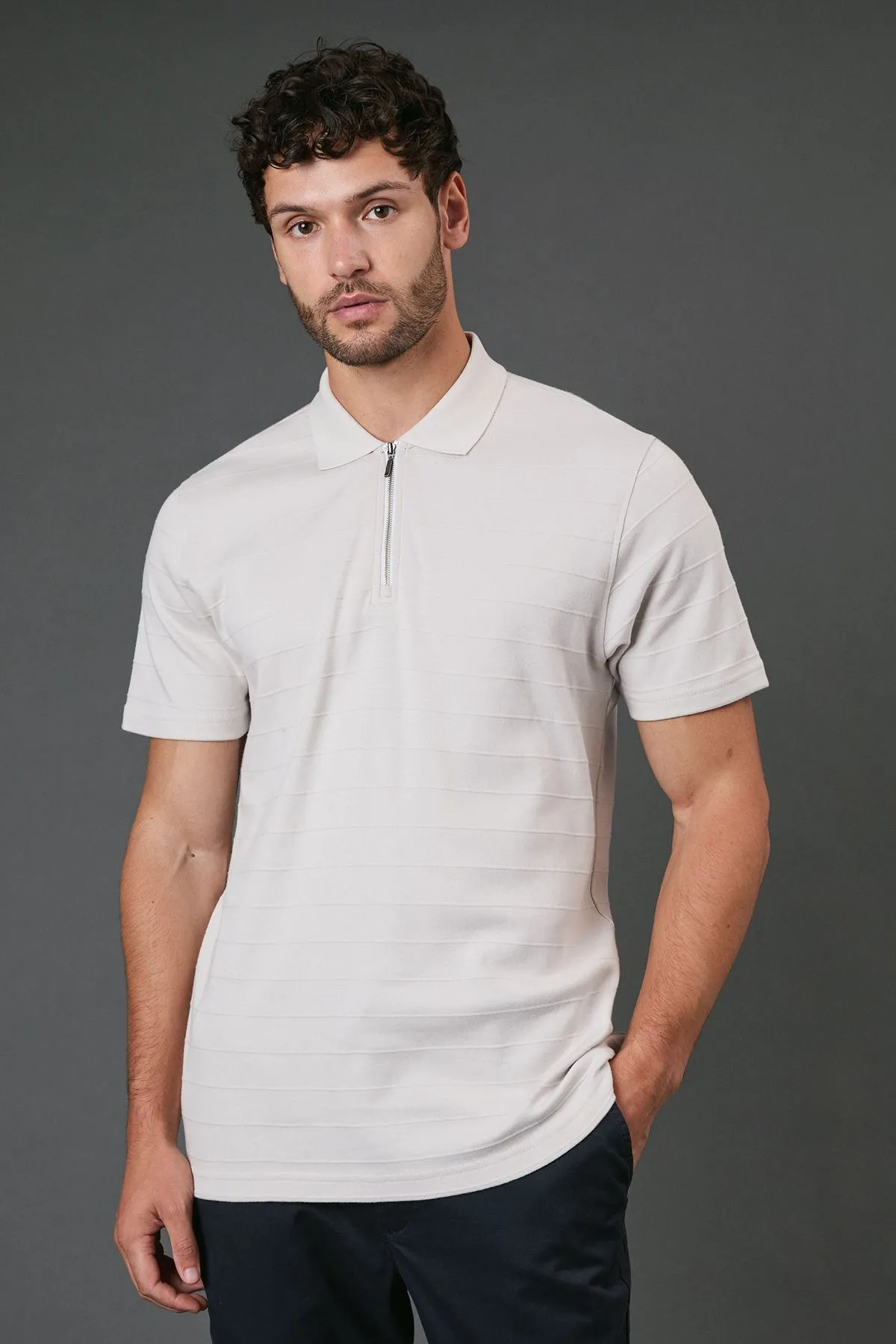 Off White Textured Stripe Zip Neck Polo Shirt
