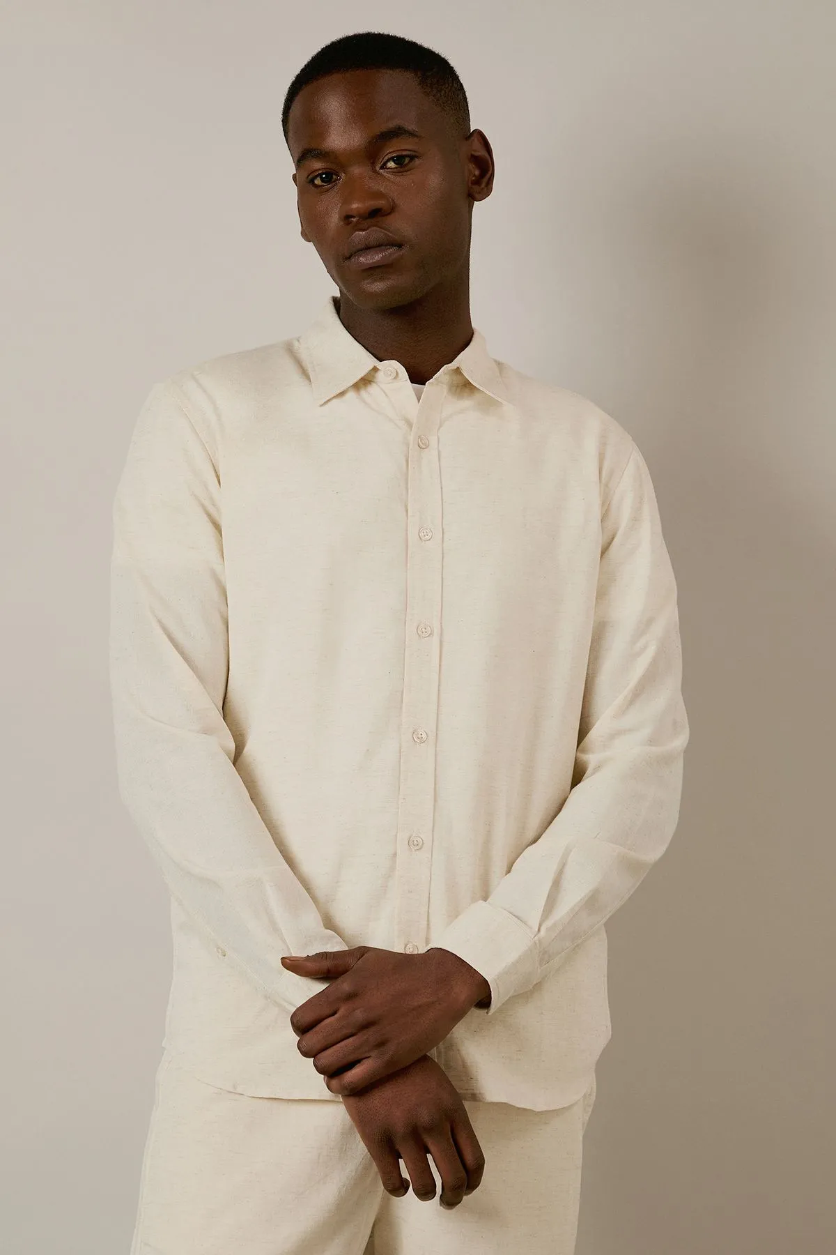 Off White Linen Blend Long Sleeve Shirt