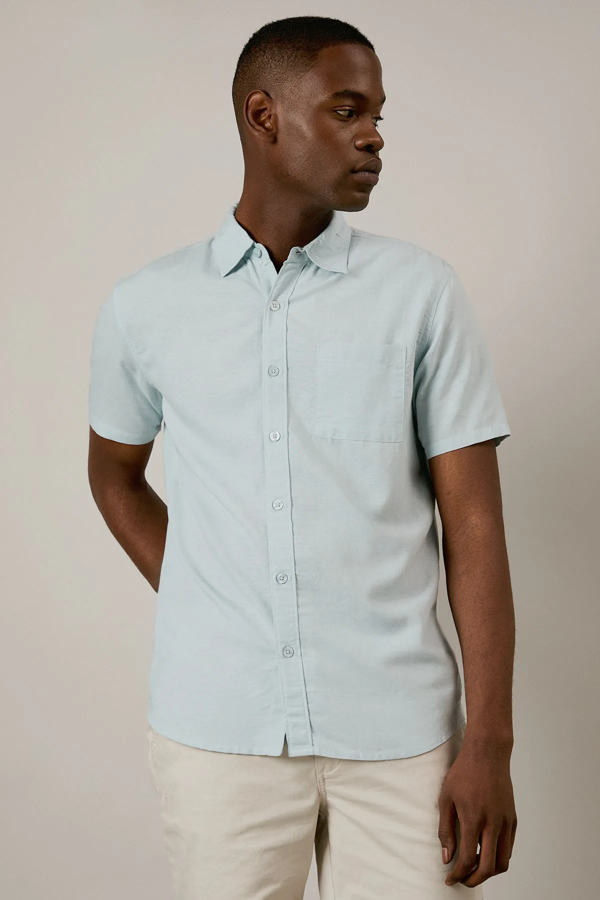 Light Blue Linen Blend Short Sleeve Shirt