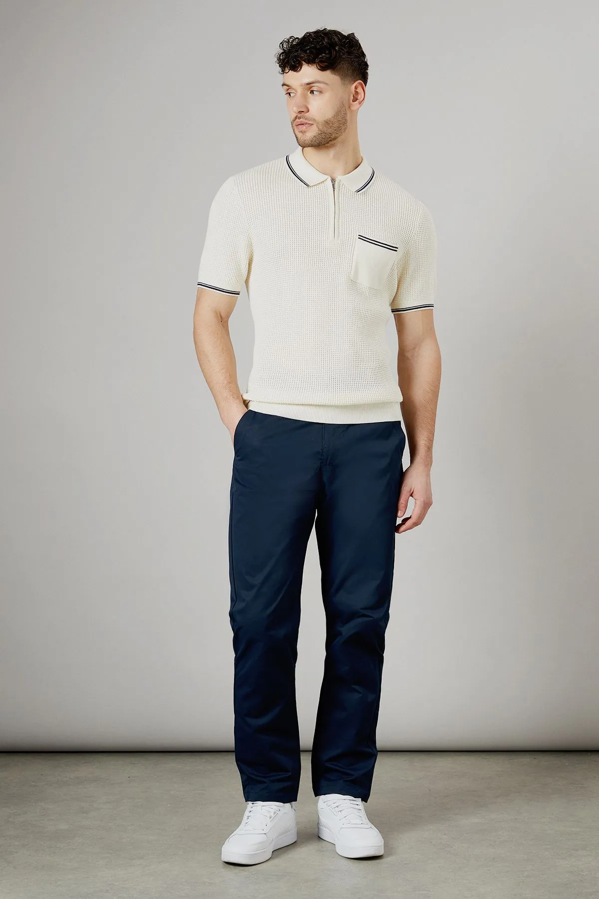 Navy Half Elasticated Waist Slim Fit Chinos