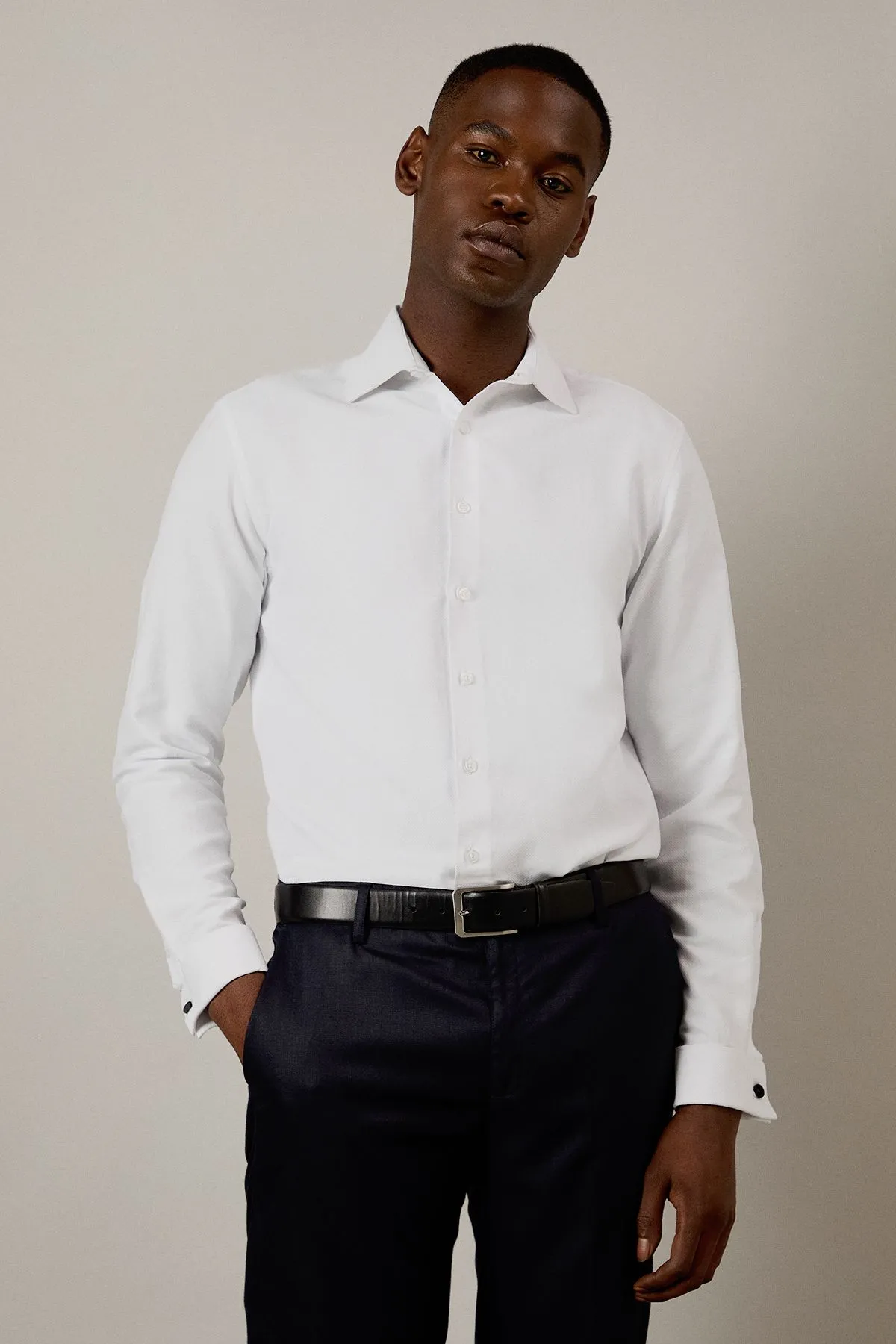 White Textured Double Cuff Tailored Fit Shirt