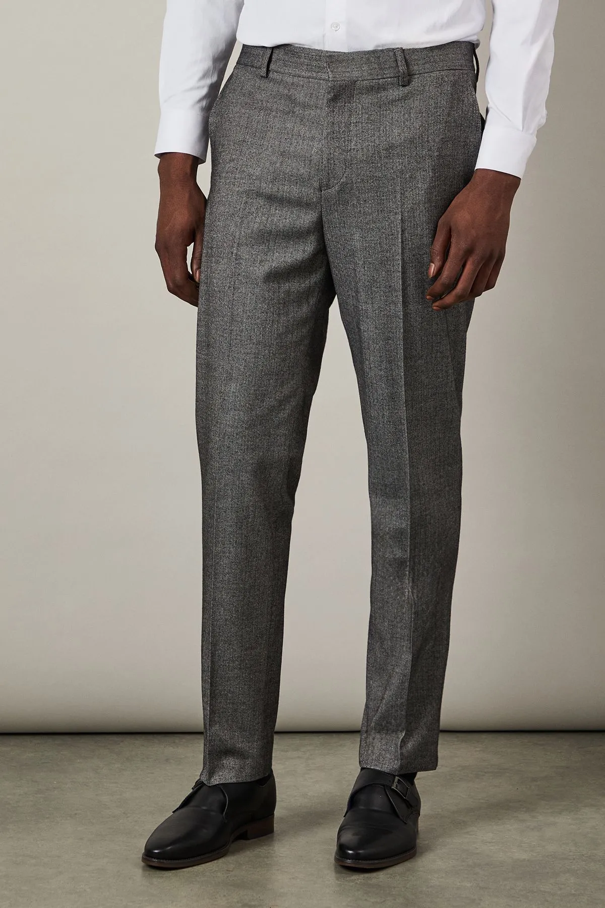 Grey Tweed Look Herringbone Slim Fit Trousers