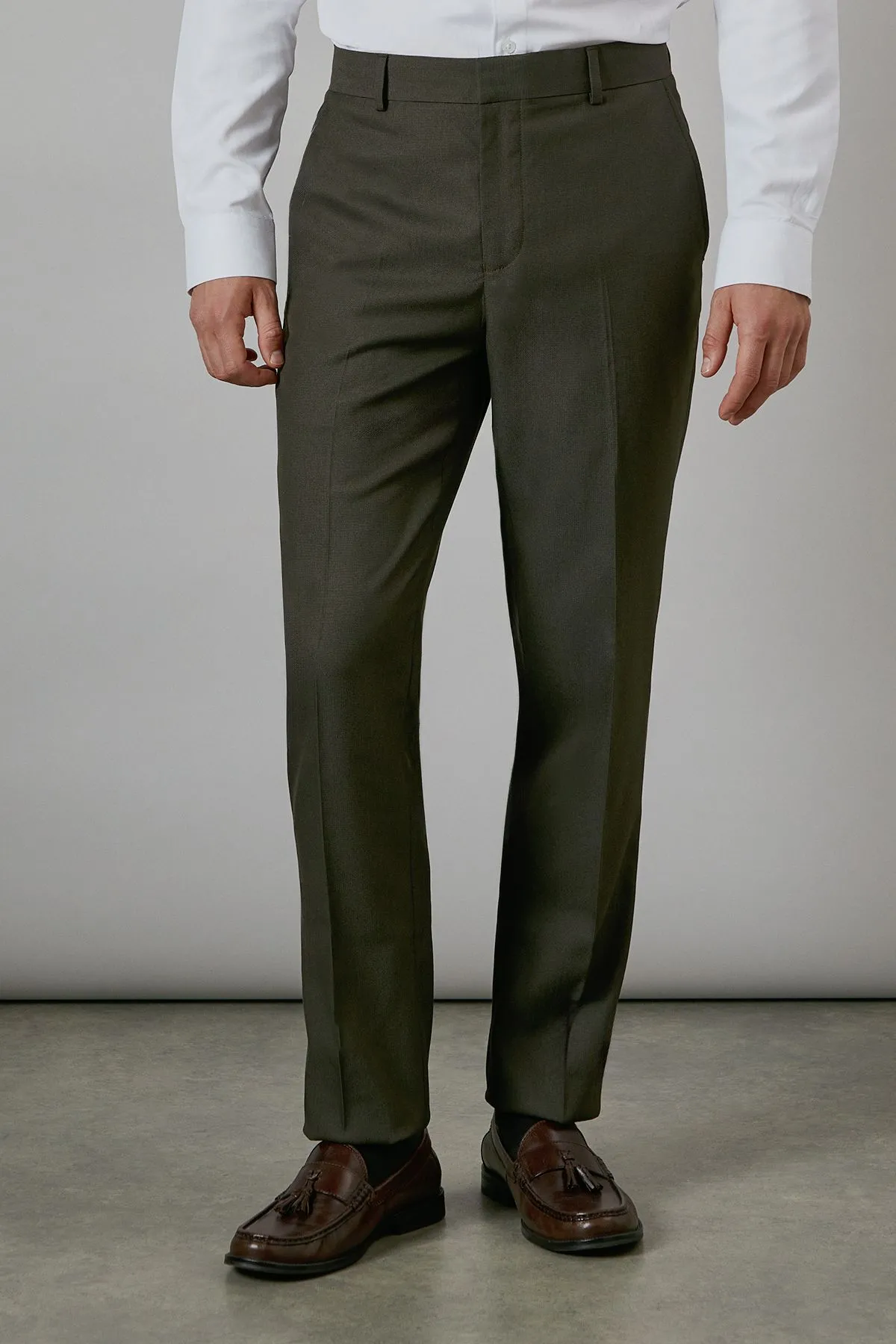 Khaki Textured Stretch Slim Fit Suit Trouser