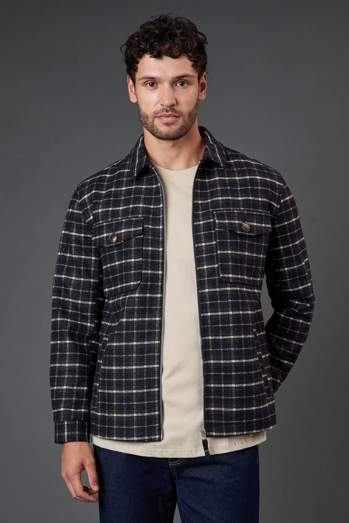 Navy Check Wool Look Jacket