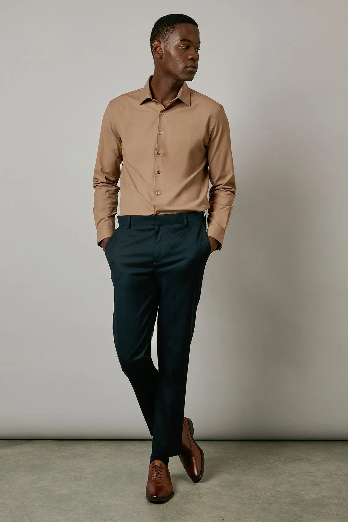 Tan Easy Iron Slim Fit Long Sleeve Shirt