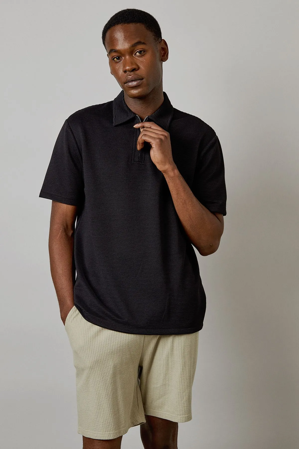Black Textured Zip Neck Polo