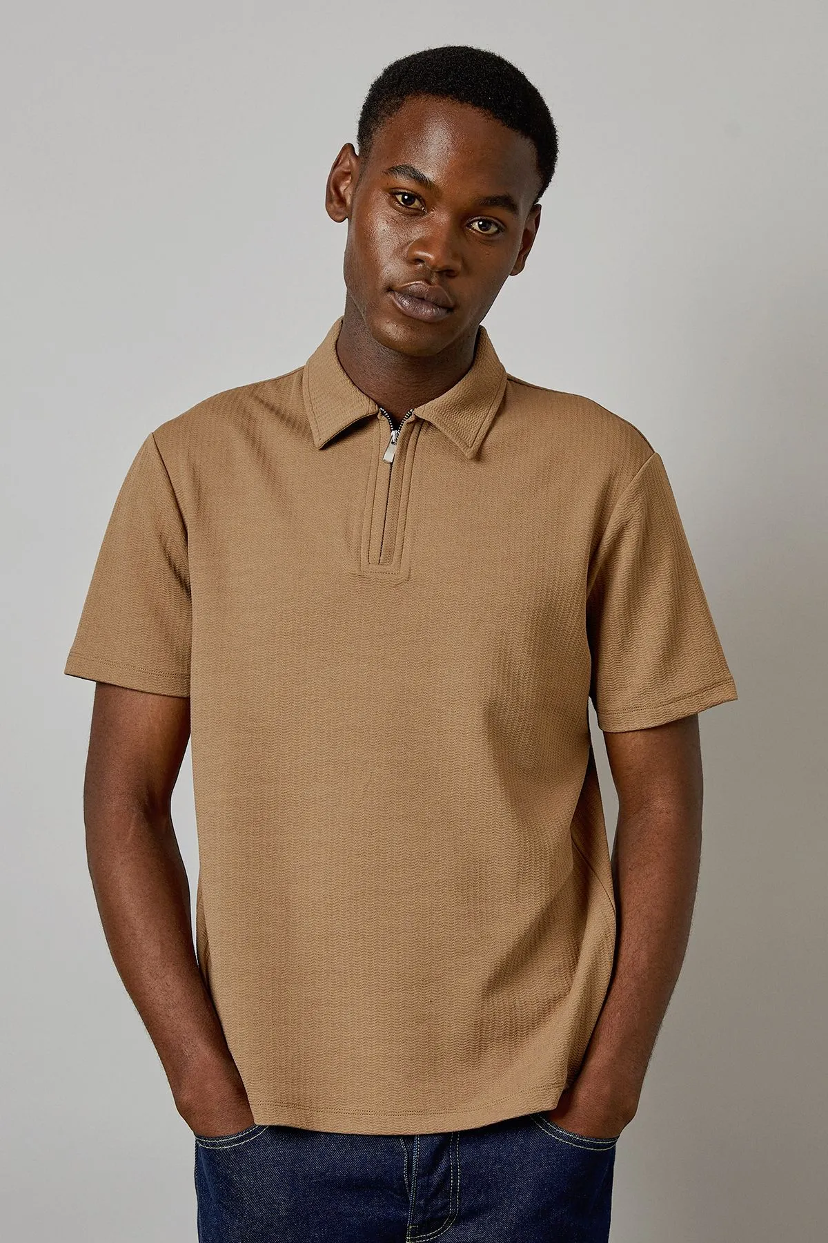 Tan Textured Zip Neck Polo