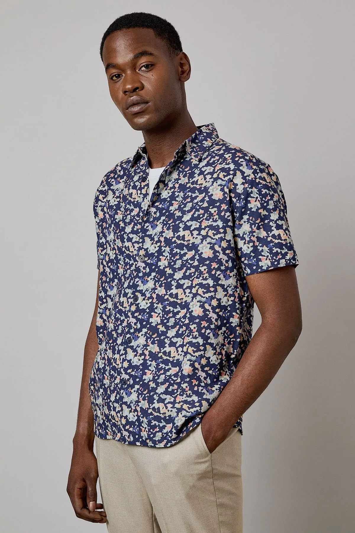 Navy Sunset Camo Print Short Sleeve Shirt