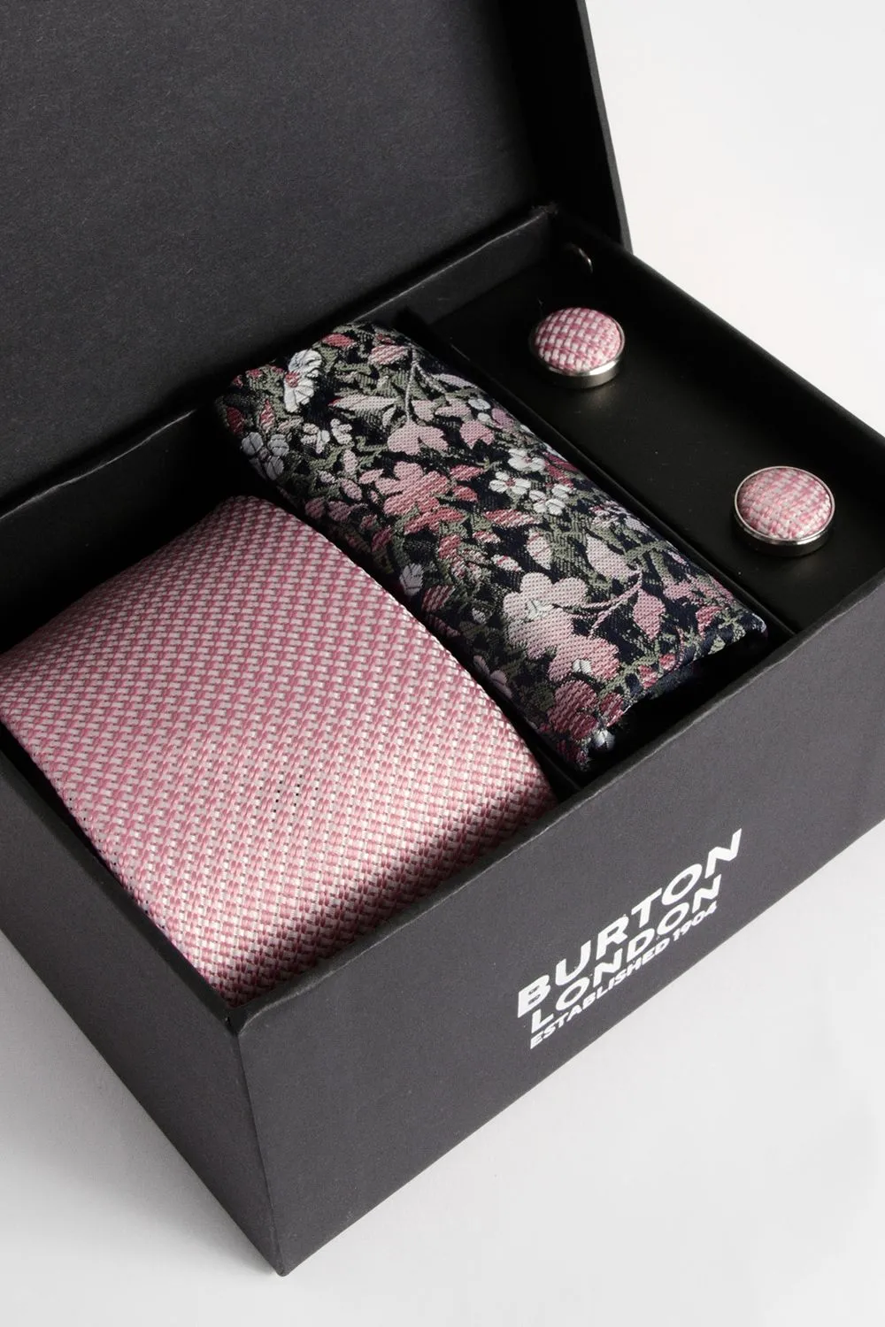 Pink Textured Tie, Floral Pocket Square with Cufflink Box Set