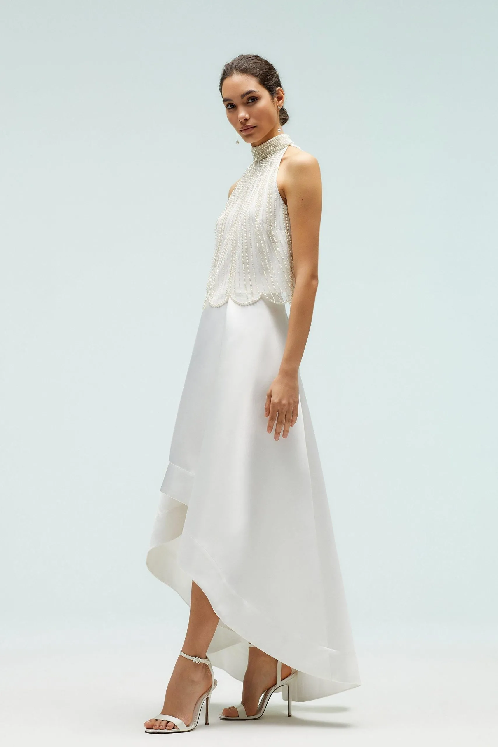High Low Ivory Structured Twill Midi Skirt