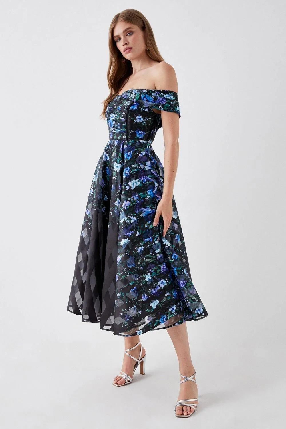 Stripe Organza Pleated Top Floral Print Midi Dress