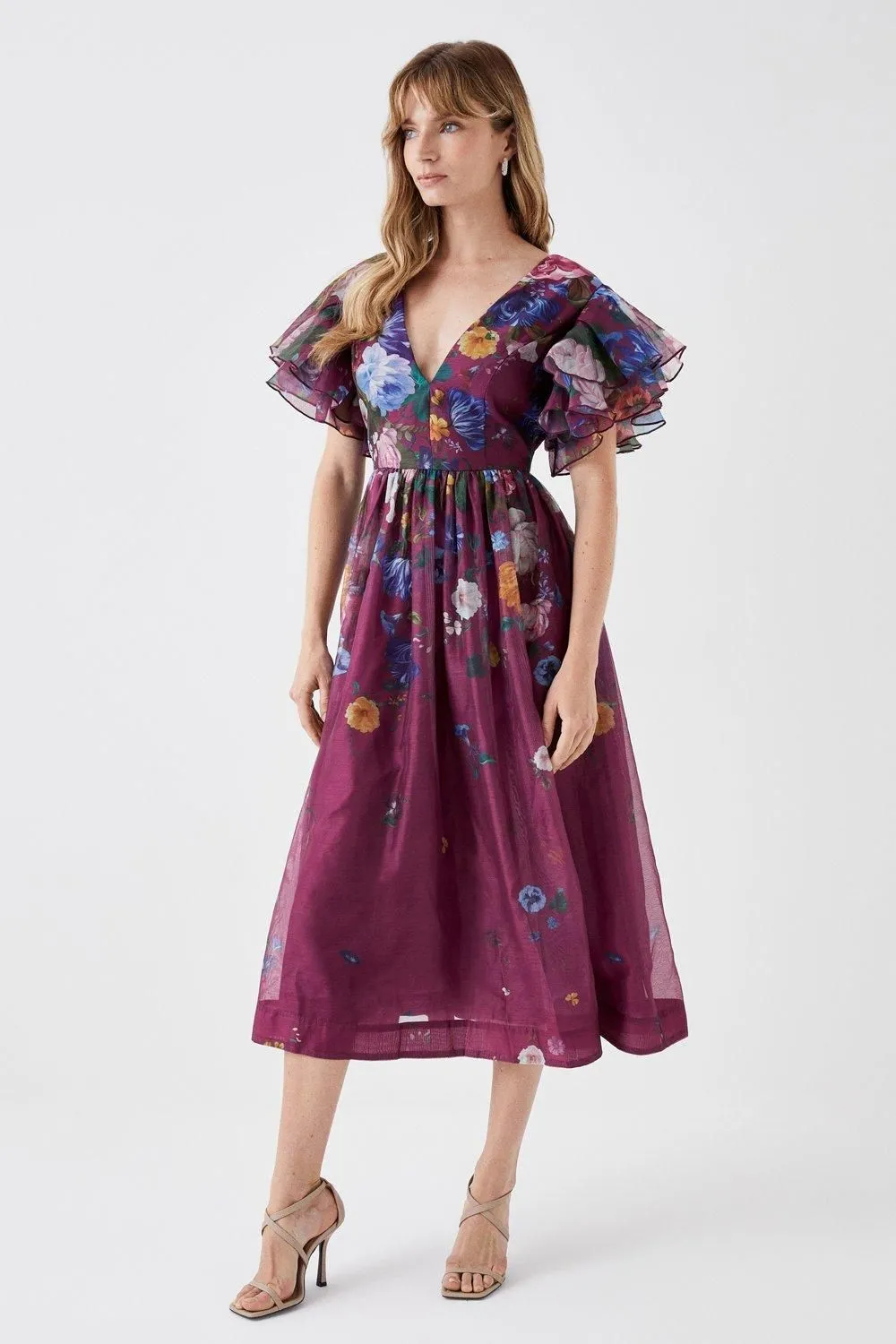 Ruffle Sleeve Placement Print Full Skirt Midi Dress