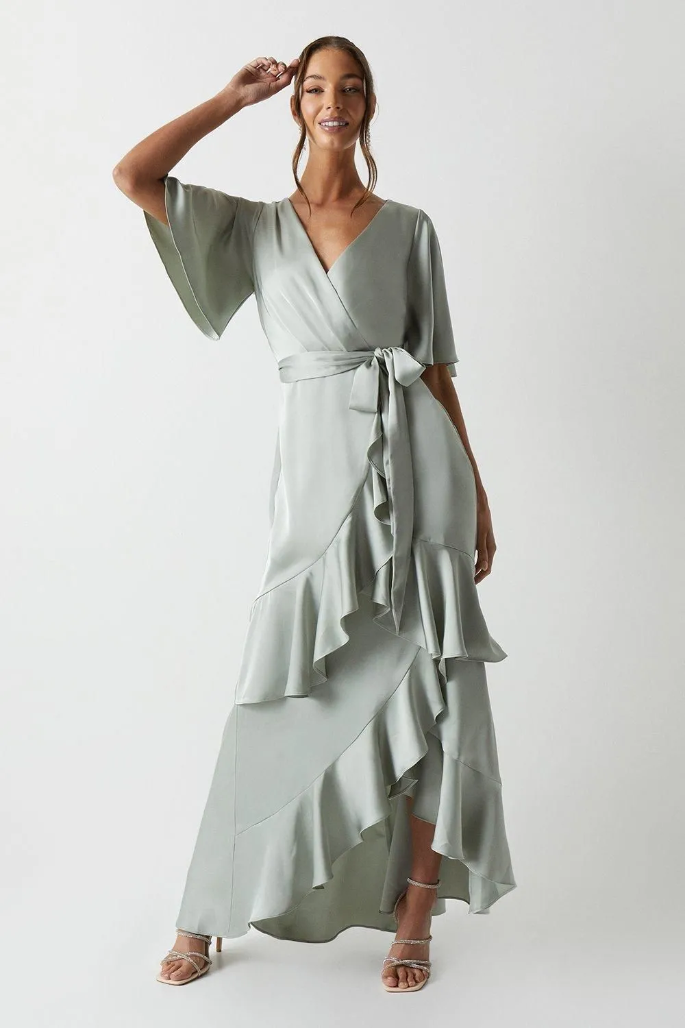 Wrap Front Waterfall Satin Fishtail Maxi Dress