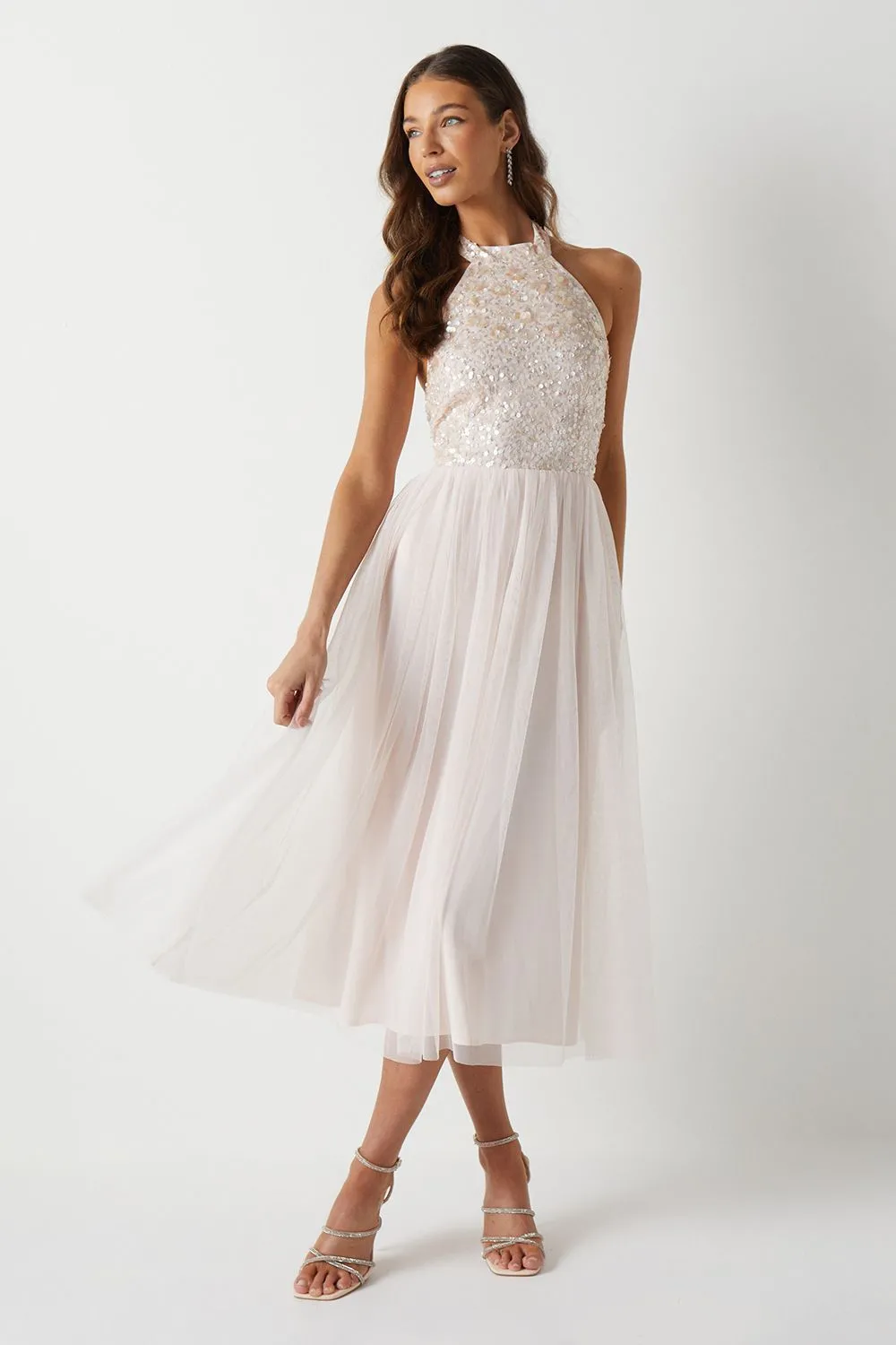 3d Floral Embellished Halterneck Bridesmaid Midi Dress