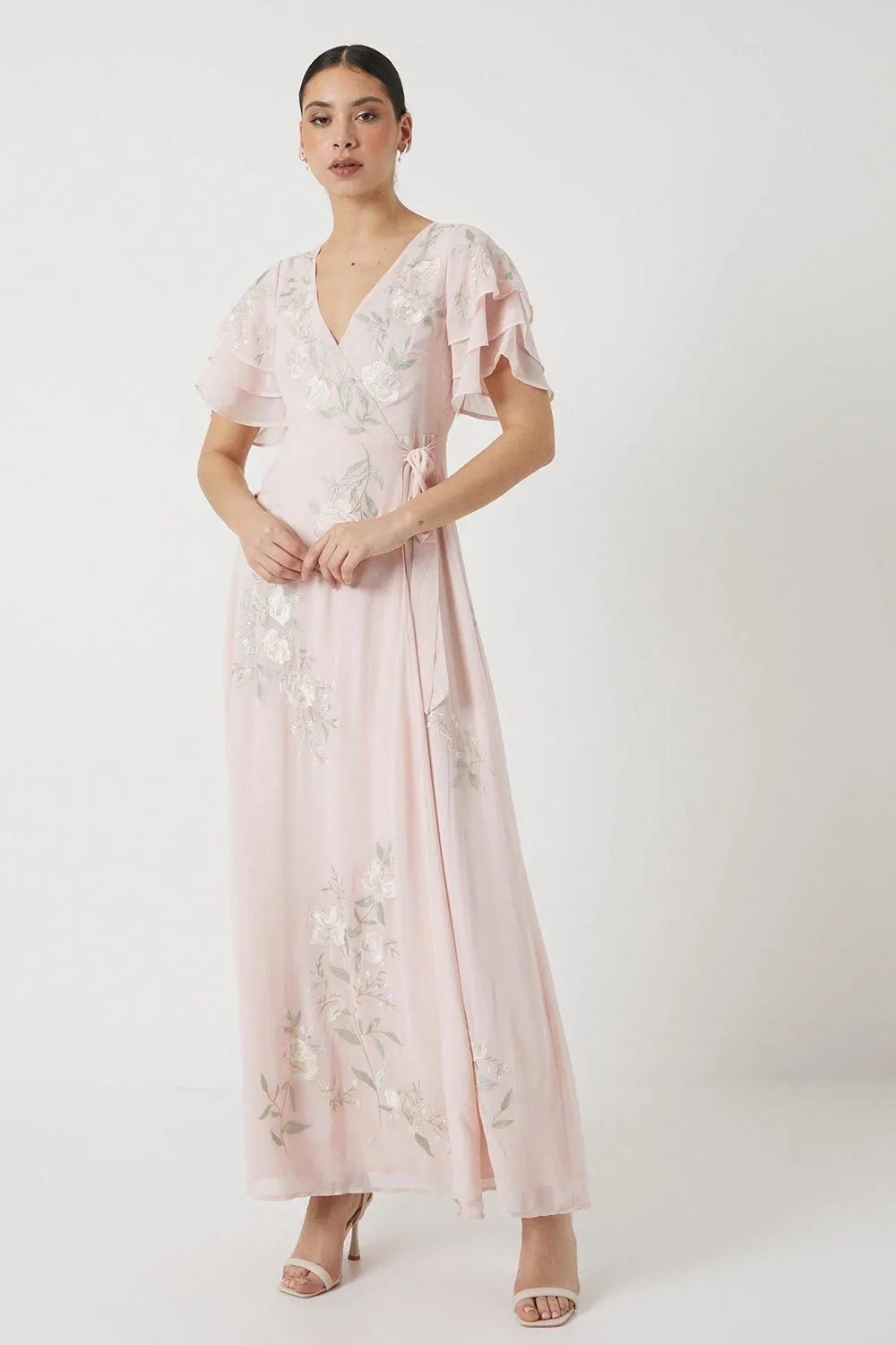 Rose Embroidered Flutter Sleeve Wrap Bridesmaid Maxi Dress