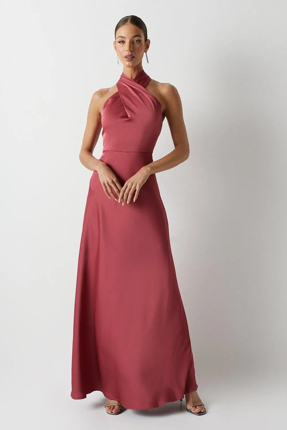 Twist Halterneck Satin Bridesmaids Maxi Dress