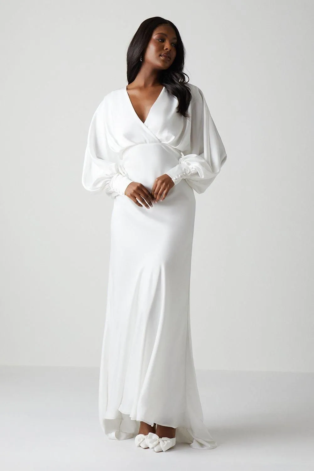 Blouson Sleeve Satin Tie Back Wedding Dress