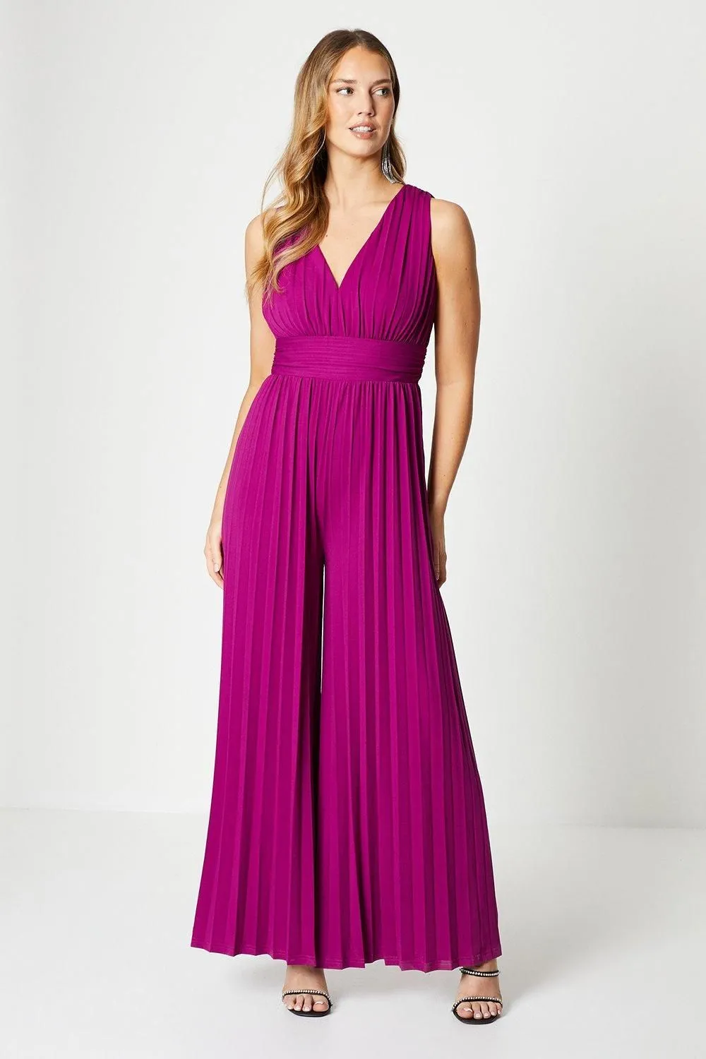 Plunge Neck Slinky Jersey Pleated Jumpsuit