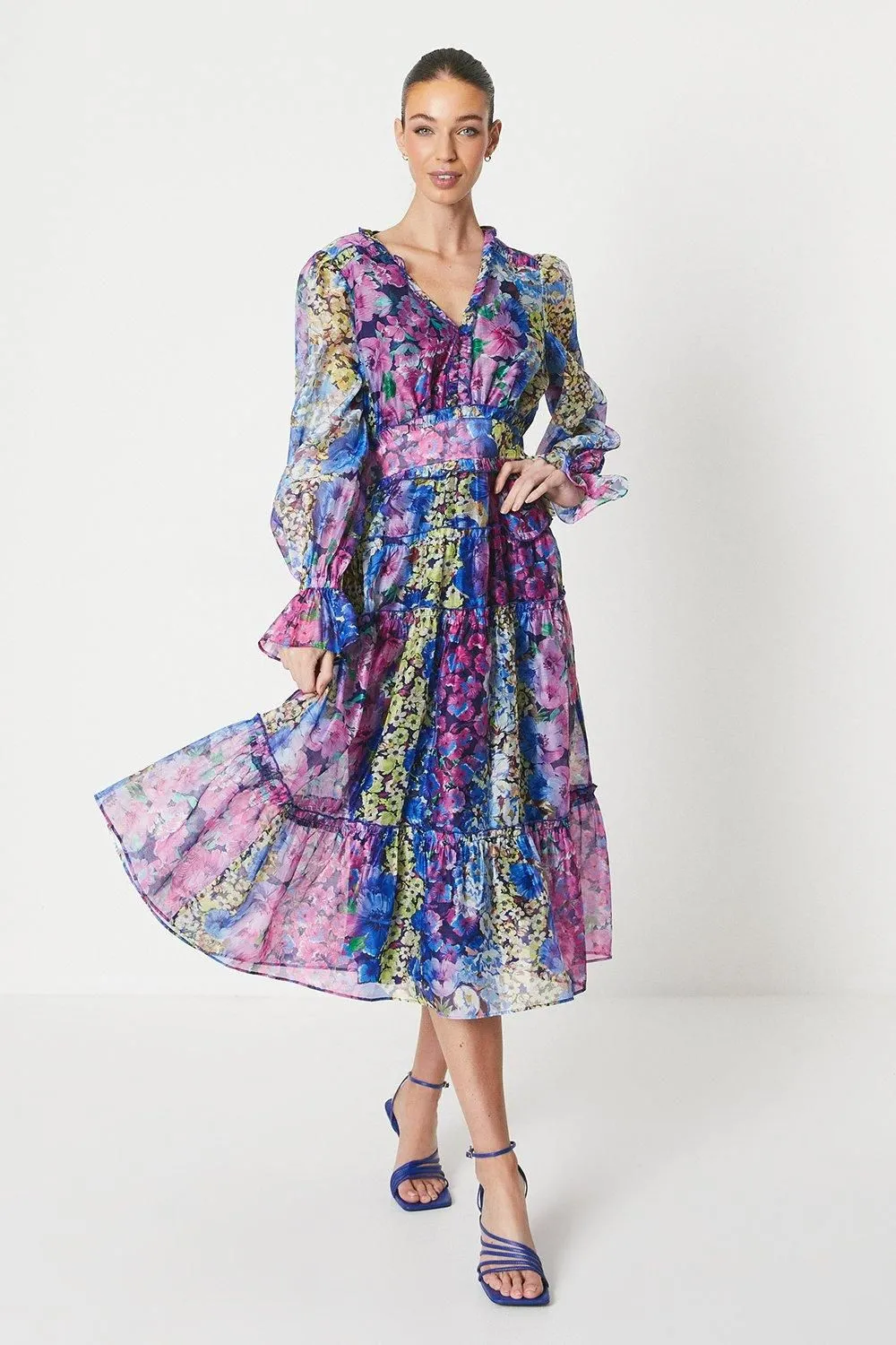 Printed Organza Layer Midi Dress