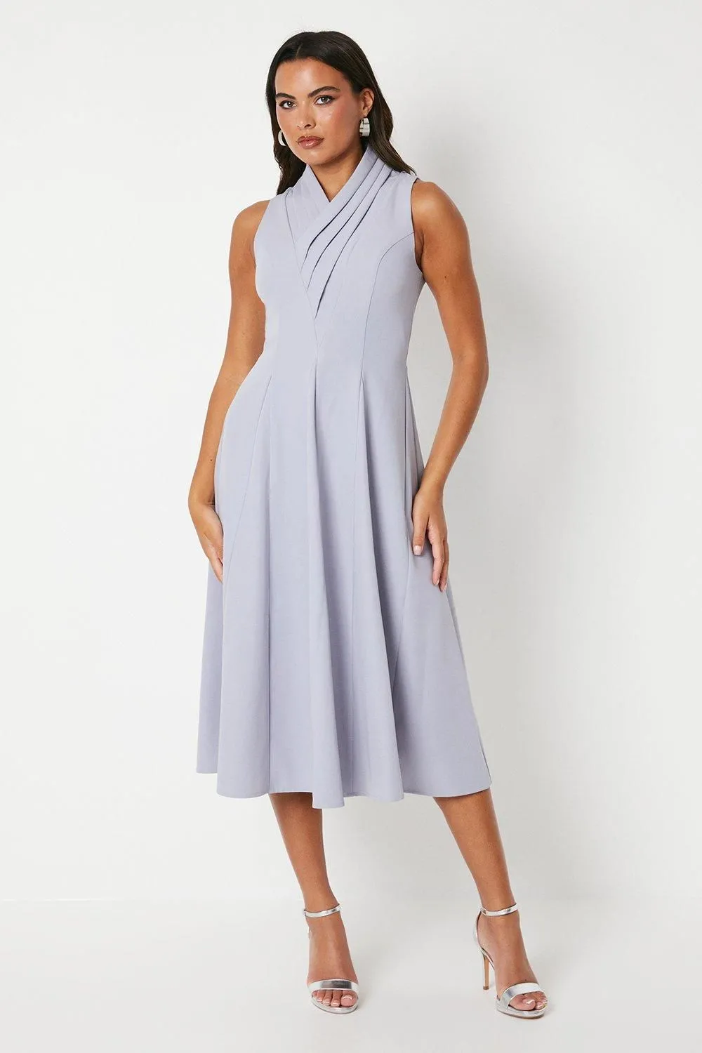 Crepe Pleat Collar Full Skirt Midi Dress