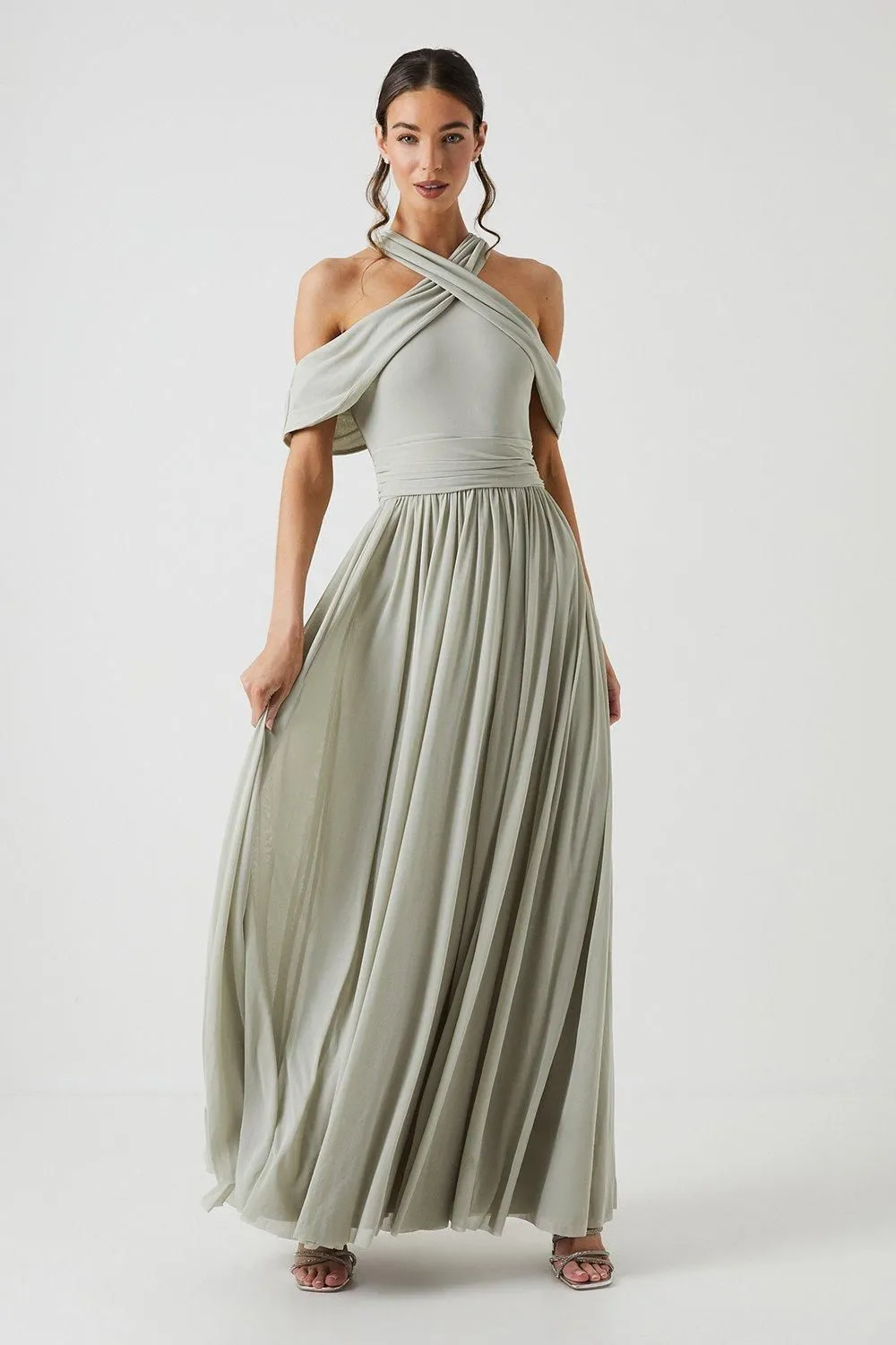 Cross Neck Cold Shoulder Stretch Mesh Bridesmaid Dress