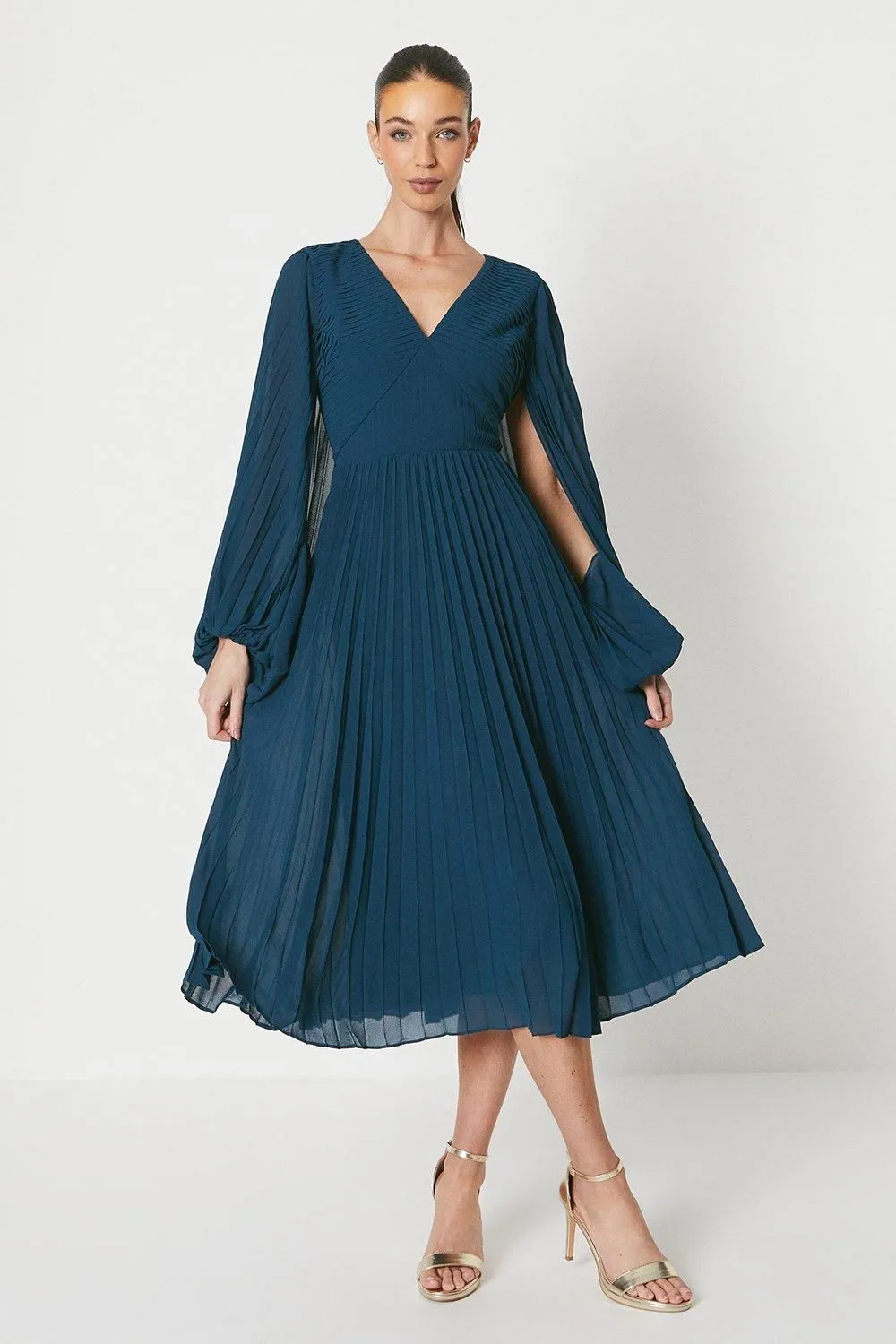 Pleated Georgette Dress With Oversized Sleeve