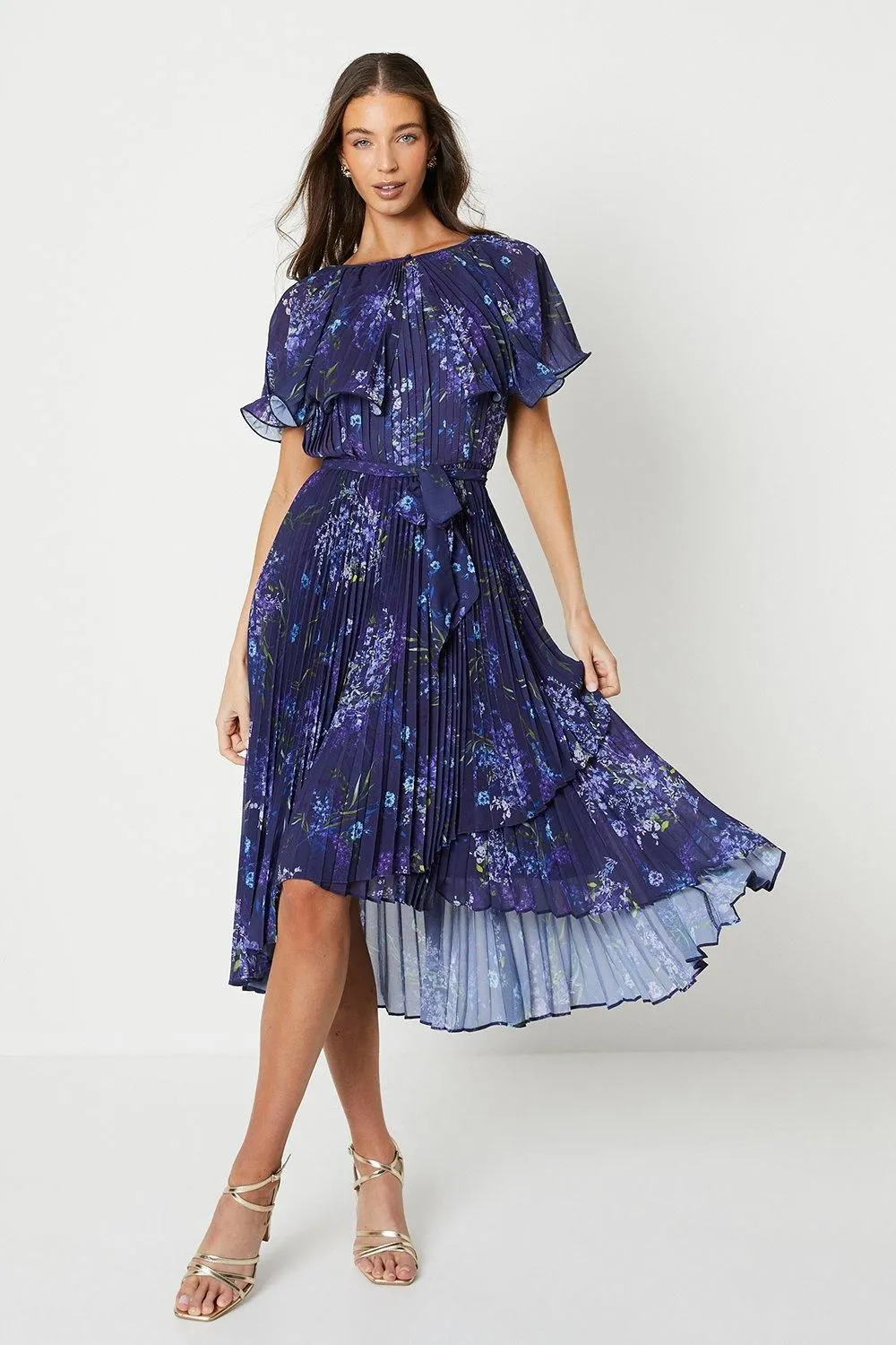 Pleated Cape Detail Midi Dress With Tie Waist