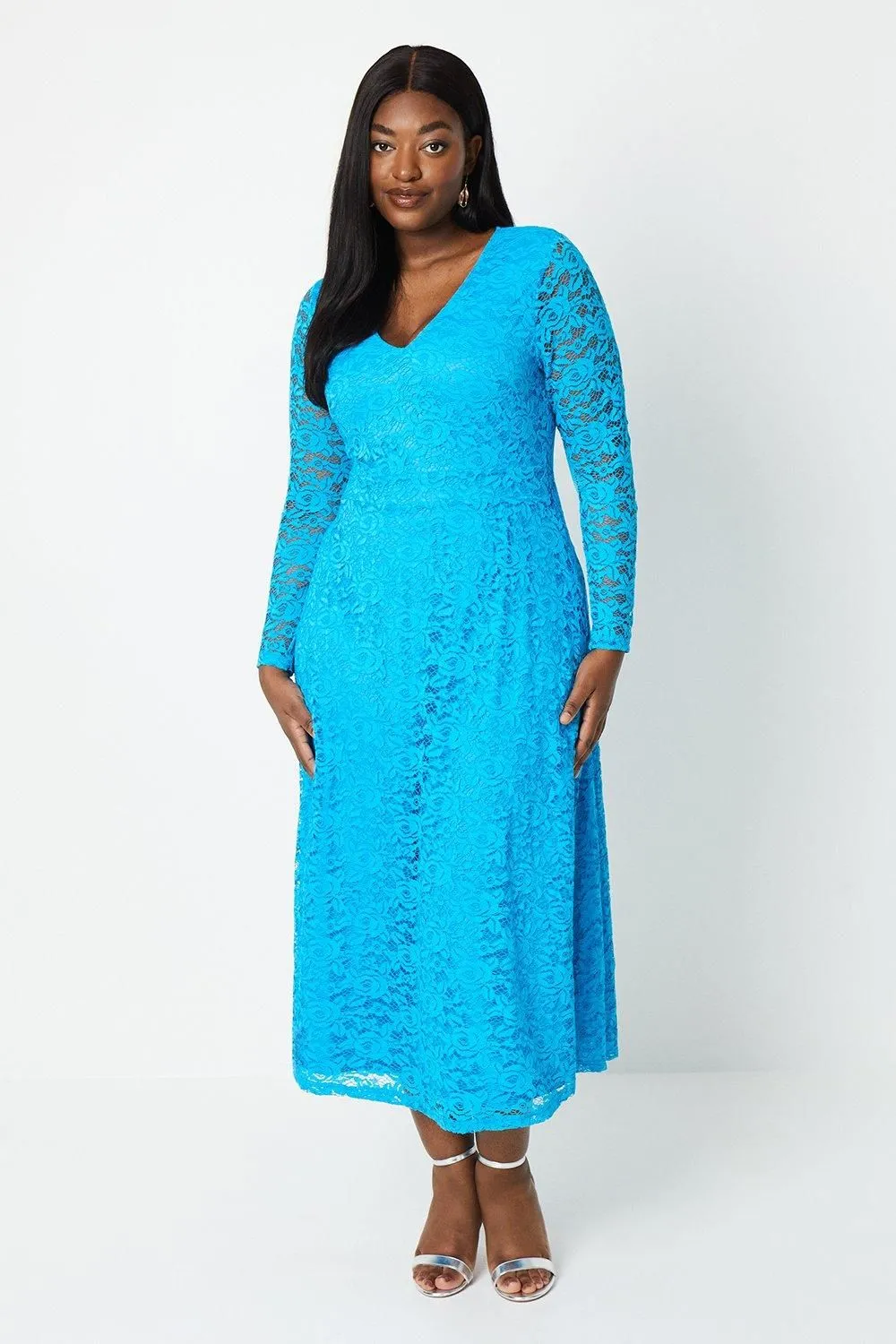 Plus Stretch Lace V Neck Midi Dress