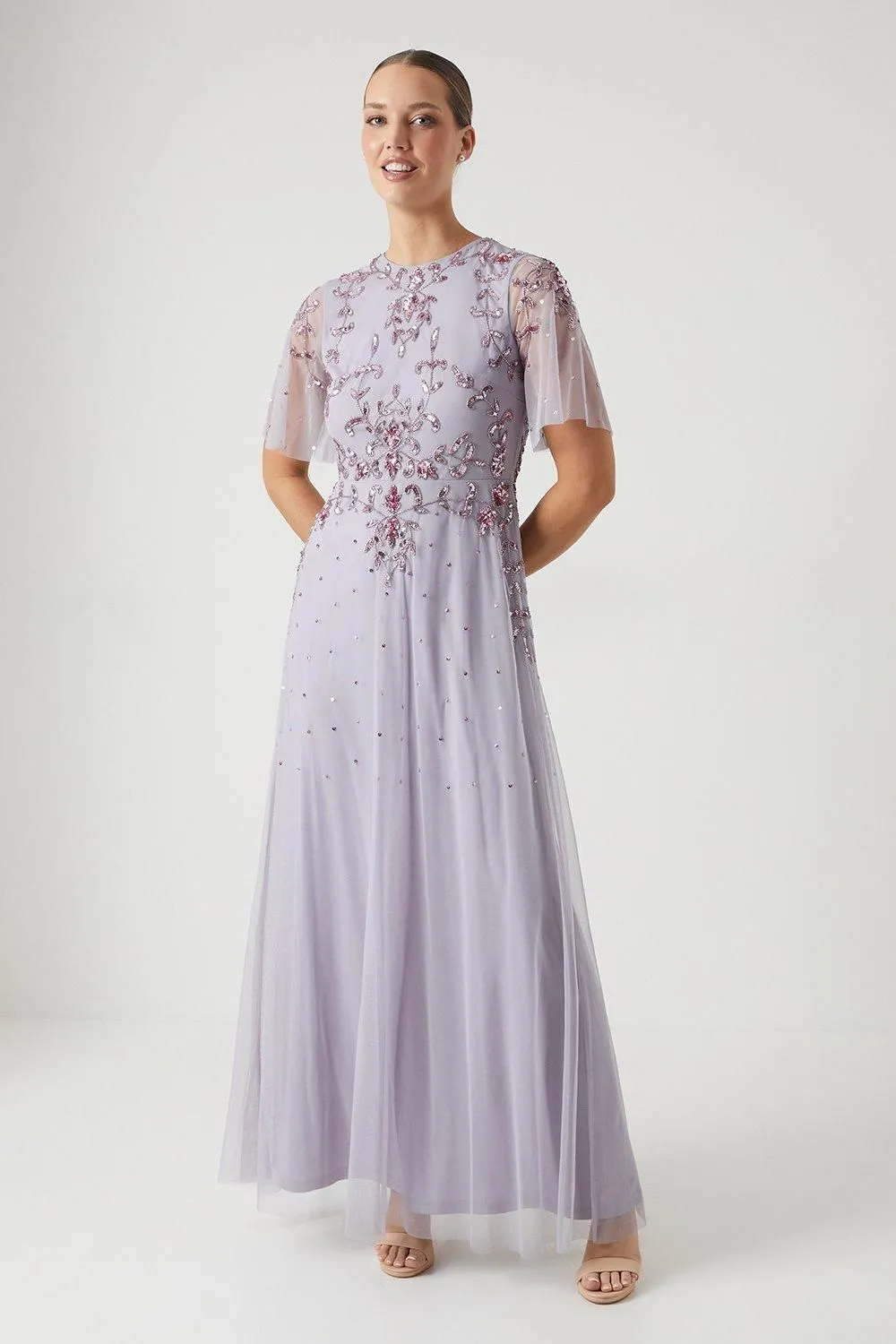 Trailing Foliage Angel Sleeve Bridesmaid Dress