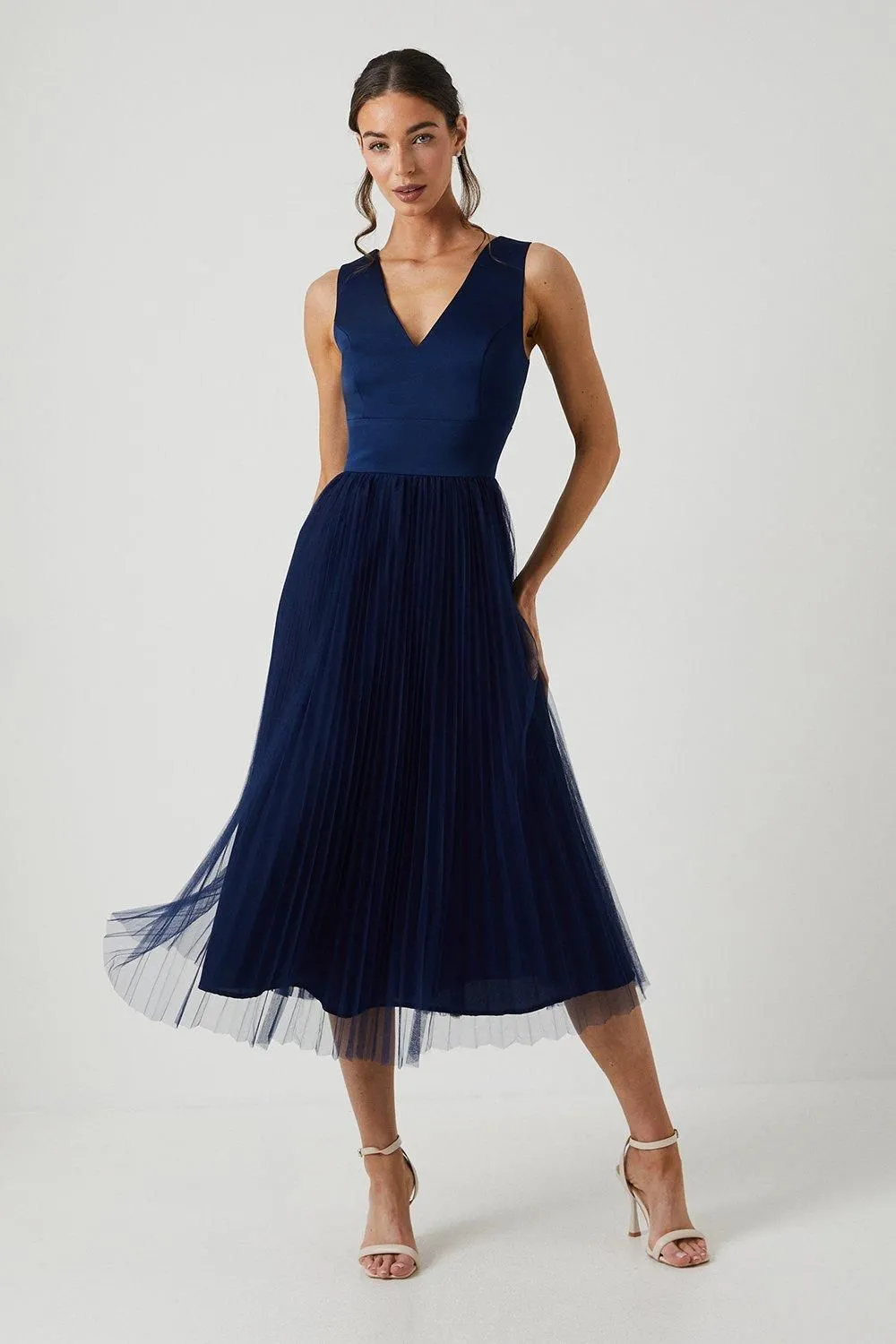 Satin Bodice Tulle Skirt Midi Bridesmaid Dress