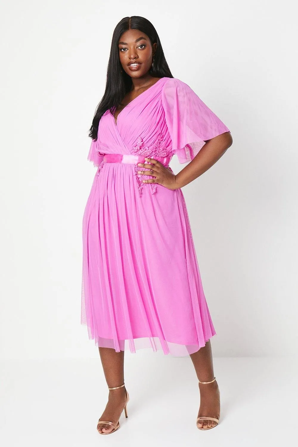 Plus Mesh Midi Dress With Lace Trims