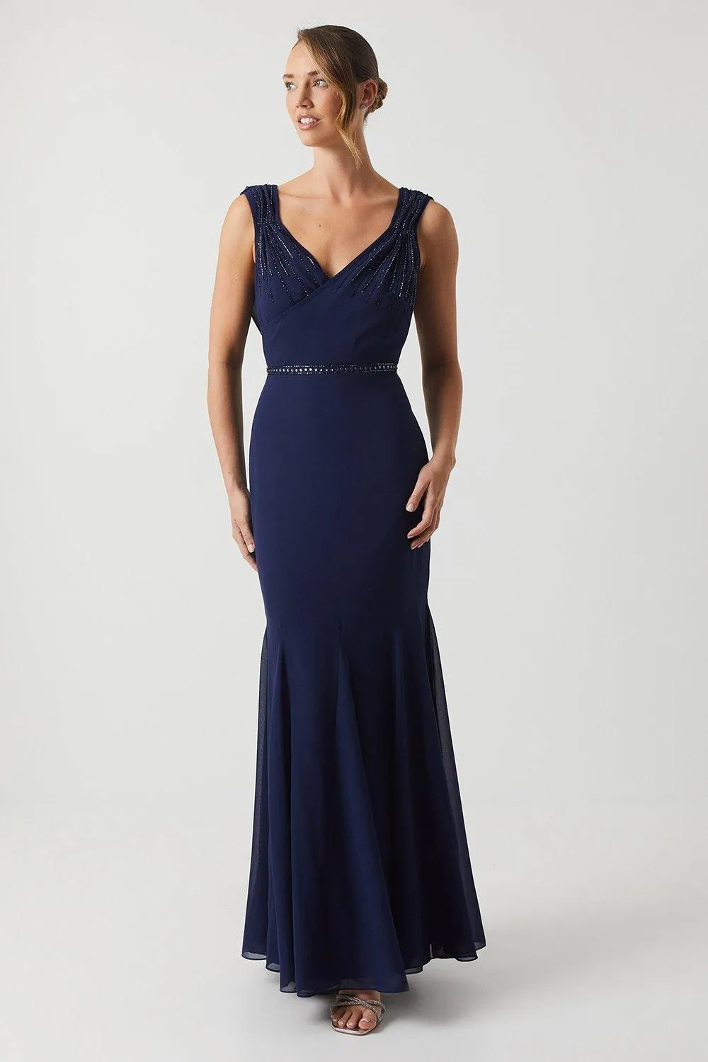 Cowl Back Chiffon Embellished Bridesmaid Dress