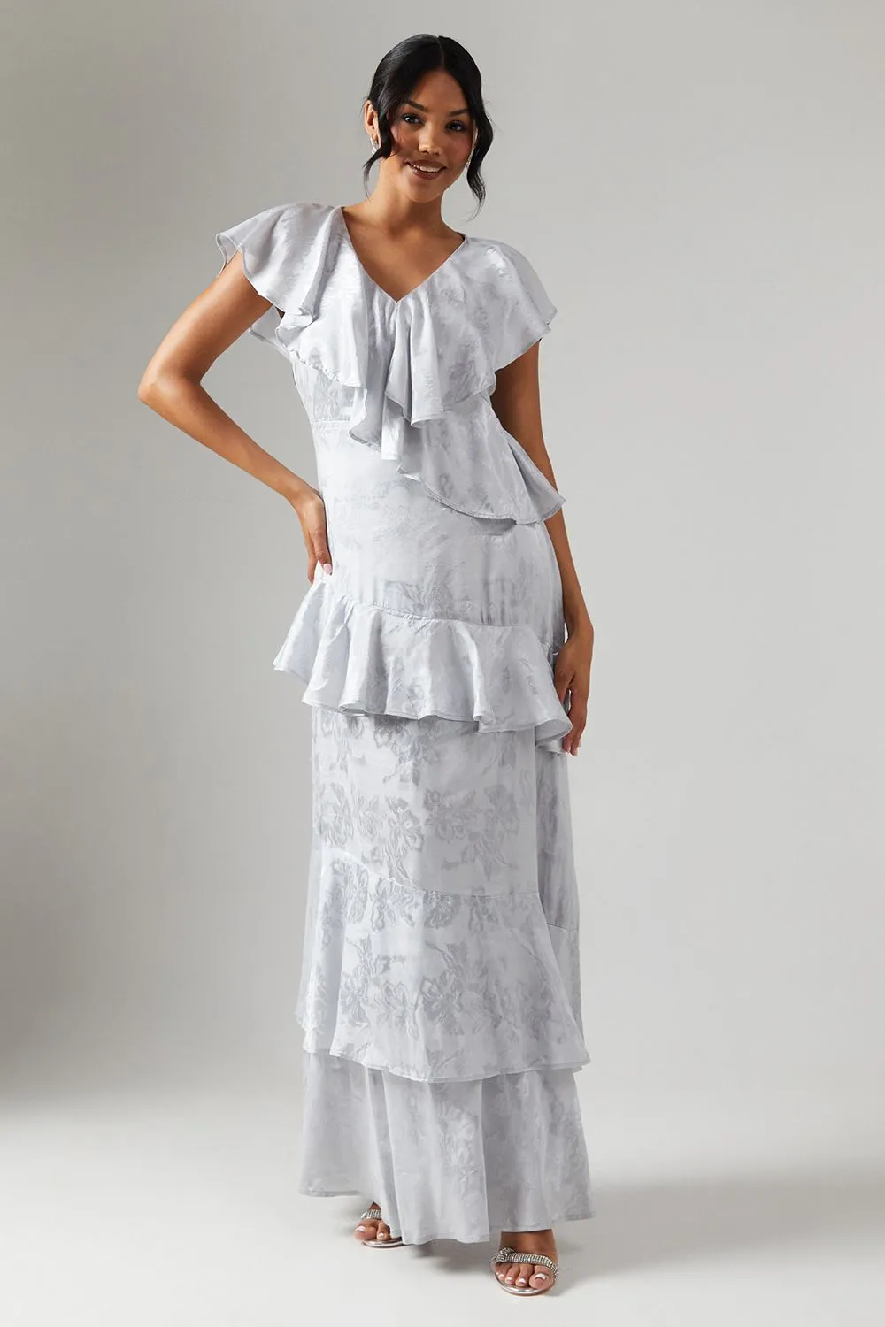 Satin Jacquard Ruffle Detail Bridesmaid Dress