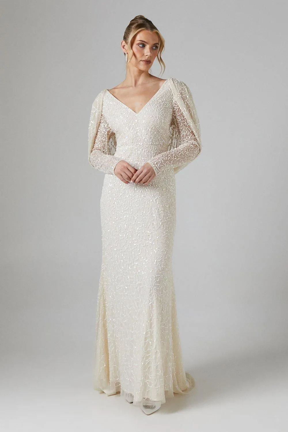 Cowl Back Long Sleeve Embellished Wedding Dress