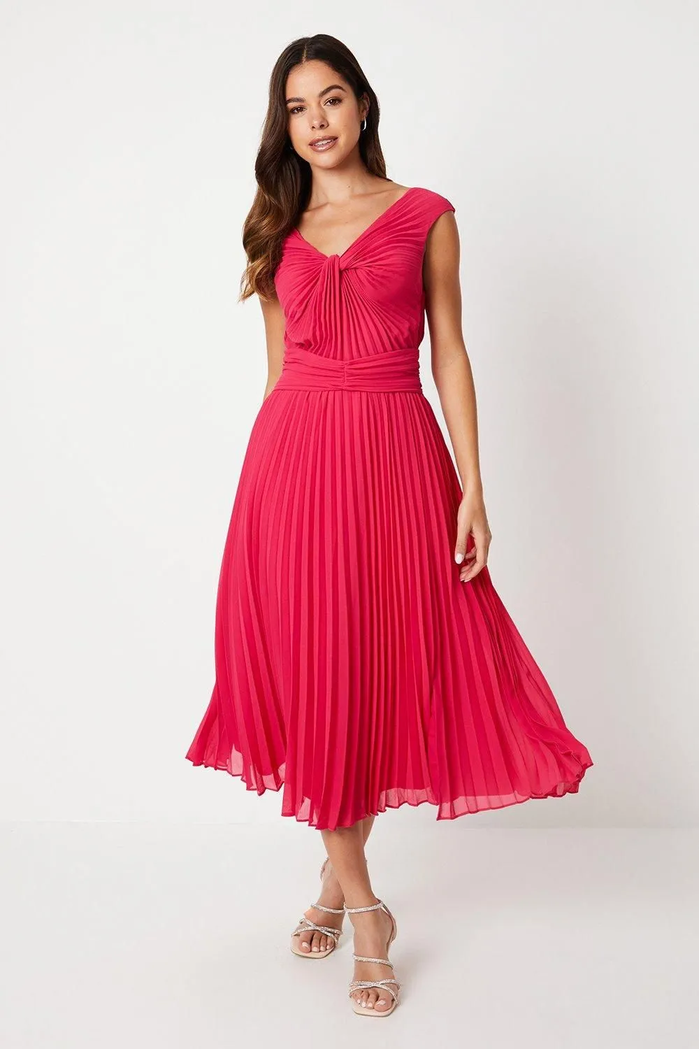 Pleated Twist Neck Midi Dress