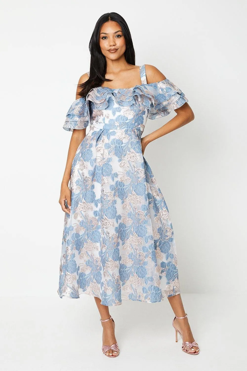 Frill Bardot Midi Dress In Floral Jacquard
